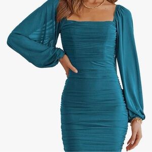 Merokeety Teal Ruched Long Sleeve Mini Dress